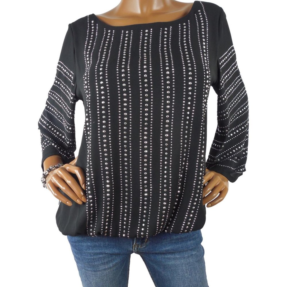ALFANI Top M/10 Party Blouse Black with Silver Studs Bubble Hem 3/4 Flared Slvs - Picture 2 of 12